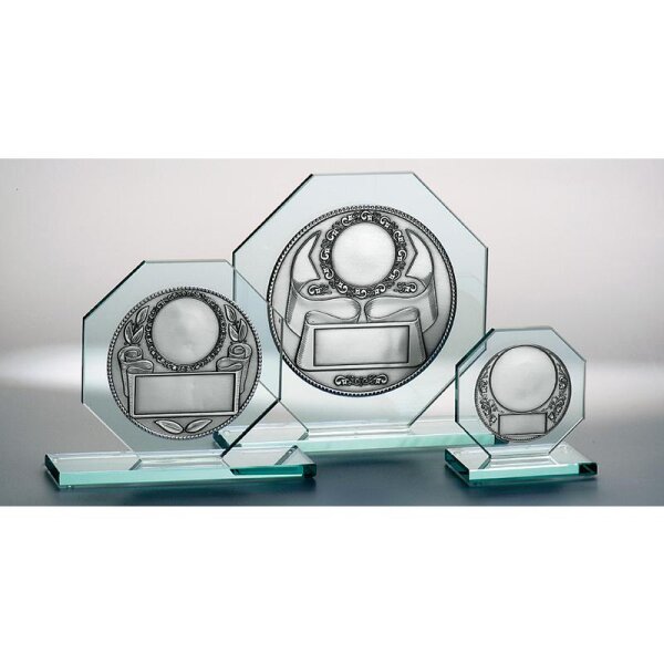 Glastrophäe 8-eck mit Prägo Johan für schnelle Siegerehrungen vor Ort